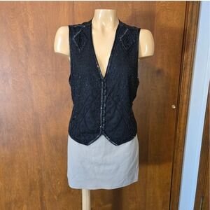 Spenser Jeremy Womens Vest Black Medium Beaded 100%Silk Sequin Vintage Tie Back
